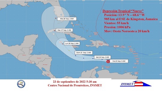 Tropical depression Nine forms in the southeastern Caribbean Sea